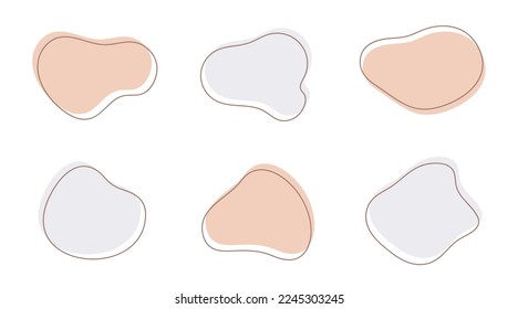 Abstract liquid shapes with geometric design elements in memphis style. Vintage fluid shapes with lines. Set of curvy abstract blobs or stains for web design and typography. Vector