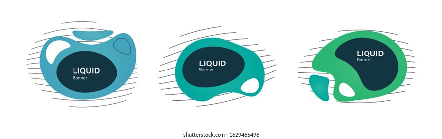 Abstract liquid shapes. Abstract gradient elements, banners. Liquid templates for banners, sale, retail posters. Fluid amoeba badges. Amoeba shapes set. Blue, green color. Vector illustration
