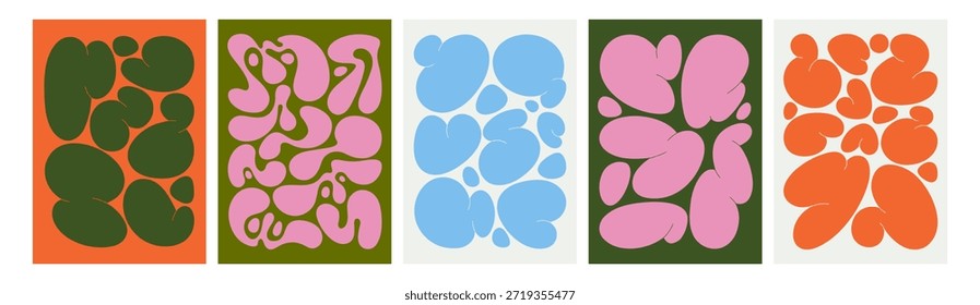 Abstract liquid shapes, modern posters set. Trendy cards, vertical backgrounds with fluid blob forms, smooth amorphous spots, creative natural organic amoeba patterns. Flat vector illustrations