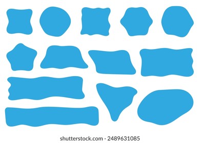 Abstract liquid shapes. Organic flat blobs. Irregular fluid blue bubbles. Random wavy oval spots and curvy elements. Amoeba rectangle box set