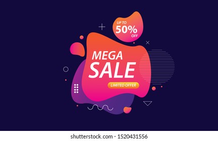 Abstract liquid shapes sales background. Mega sale banner, up to 50% off. Sale banner template design, discount banner promotion template. Discount offer price tag. Trendy gradient fluid design.