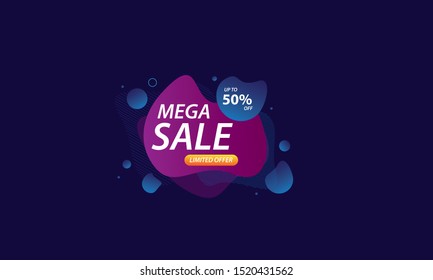 Abstract liquid shapes sales background. Mega sale banner, up to 50% off. Sale banner template design, discount banner promotion template. Discount offer price tag. Trendy gradient fluid design.