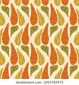 Abstract liquid shapes seamless pattern. Organic elements warm colors endless background. Vector hand drawn flat illustration.