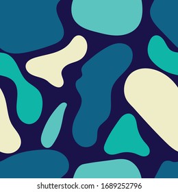 Abstract liquid shapes seamless repeat vector pattern.Hand drawn various shapes. Contemporary modern trendy vector illustrations.Green,yellow and blue liquid shapes on dark background.