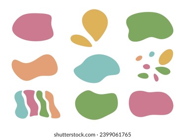 Resumen de formas líquidas establecidas. Modernos, diversos objetos fluidos o formas aisladas sobre fondo blanco. Elementos gráficos curvos multicolor. Formas abstractas adorables mínimas. Ilustración del vector