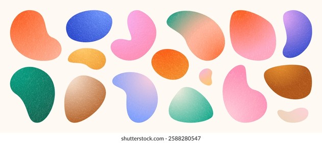 Abstract liquid shapes set vector background. Fluid graphic design in bright color. Isolated gradient wave figure in retro flat minimal style. Organic round forms with textured effect.