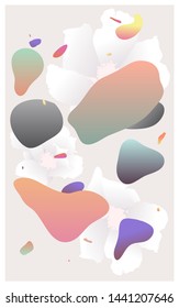 Abstract liquid shapes and soft white flowers, simple light pastel colour, nostalgic feelings, background template design