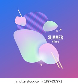Abstract liquid shapes and summer text label. Vector background design for summer season.