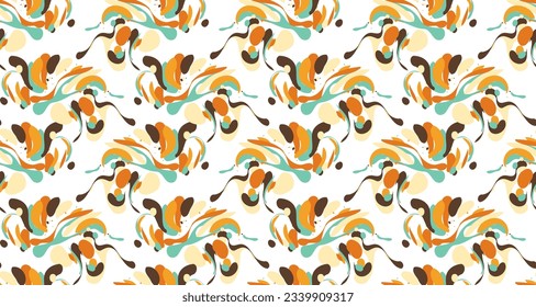 Resumen de la forma de salpicadura líquida sin soldadura. Arte retro de los años 70 en azul amarillo y mostaza. Ilustración vectorial para tela de la mesa de vestir de la camisa textil cubrir la decoración de verano por toda la impresión