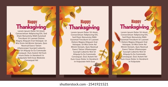 Abstract Liquid Thanksgiving Card with Seasonal Fall Leaves. print size set of thansgiving card template concept. liquid abstract background with autumn leaves vector illustration