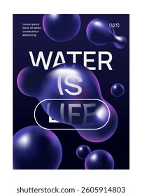 Abstract liquid water drops with smooth gradient shapes on dark background, modern design symbolizing purity and hydration concept. Vector illustration