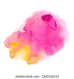Abstract liquid watercolor stain in pink and yellow colors. Isolated on white background. Vector background.