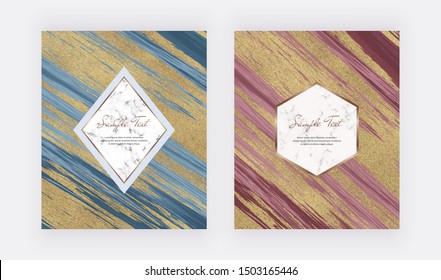 Abstract liquid watercolor texture. Red, blue and golden glitter ink painting pattern. Trendy backgrounds for wallpaper, flyer, poster, card, invitations. 
