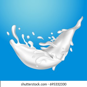 Abstract liquid white milk splash isolated on blue background, cartoon vector illustration