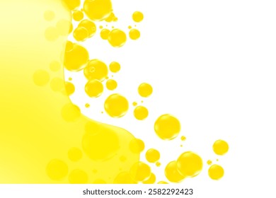 Abstract liquid yellow texture isolated, transparent background, golden holographic bubbles fizz, liquid oil or serum sticky background with copy space. Fluid organic shape, smooth fluid gel, collagen
