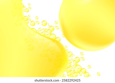 Abstract liquid yellow texture isolated, transparent background, golden holographic bubbles fizz, liquid oil or serum sticky background with copy space. Fluid organic shape, smooth fluid gel, collagen