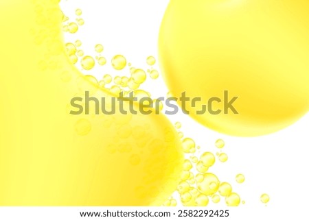 Abstract liquid yellow texture isolated, transparent background, golden holographic bubbles fizz, liquid oil or serum sticky background with copy space. Fluid organic shape, smooth fluid gel, collagen