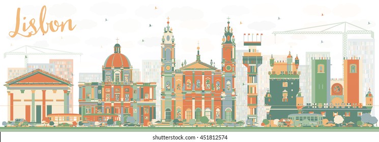 Abstract Lisbon Skyline with Color Buildings. Vector Illustration. Business Travel and Tourism Concept with Historic Buildings. Image for Presentation Banner Placard and Web Site.