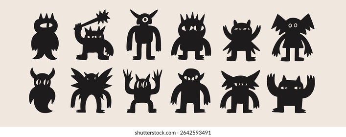 Abstract little black Monsters or fantastic animals. Various quirky funny creatures. Cartoon childish style. Cute characters. Hand drawn trendy Vector illustration. Isolated design elements