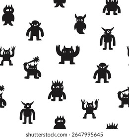 Abstrato monstrinhos negros ou animais fantásticos. Várias criaturas estranhas e engraçadas. Desenho animado estilo infantil. Caracteres bonitos. Desenhado à mão na moda ilustração Vetor. Padrão sem emenda quadrado