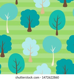 Abstract little blue trees repeating vector pattern on a striped green background