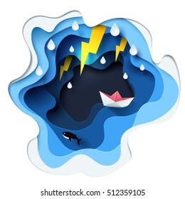 Abstract of little boat against crazy sea and thunderbolt in storm, paper art concept, vector art and illustration.