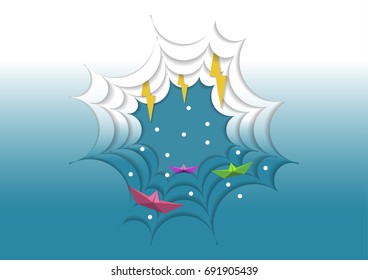 Abstract of little boat against crazy sea and thunderbolt in storm, paper art concept, vector art and illustration.