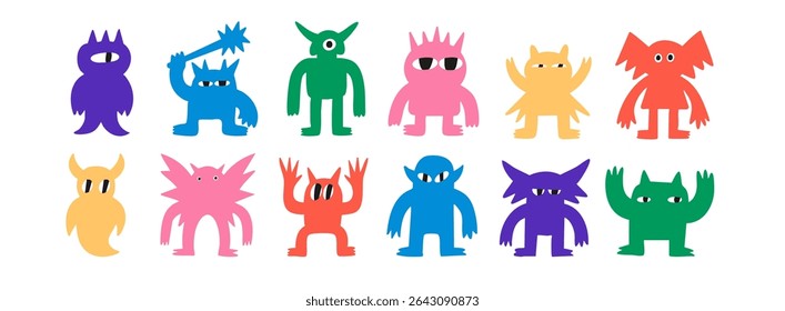 Abstract little colorful Monsters or fantastic animals. Various quirky funny creatures. Cartoon childish style. Cute characters. Hand drawn trendy Vector illustration. Isolated design elements
