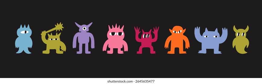 Abstract little colorful Monsters or fantastic animals. Various quirky funny creatures. Cartoon childish style. Cute characters. Hand drawn trendy Vector illustration. Isolated design elements