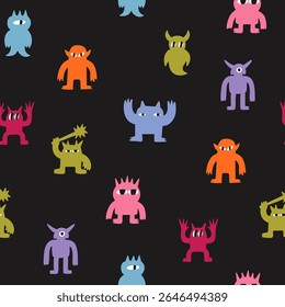 Abstract little colorful Monsters or fantastic animals. Various quirky funny creatures. Cartoon childish style. Cute characters. Hand drawn trendy Vector illustration. Square seamless Pattern