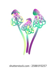 Abstract little colourful psychedelic mushrooms. Magic trippy boletus with acid caps. Hallucinogenic fungi, psilocybin fungus. Poisonous bolete. Flat isolated vector illustration on white background