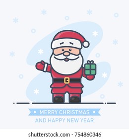 Abstract little cute Santa Claus in a New Year hat with gift box. Holiday line art, flat line, outline stroke design. Merry Christmas and Happy New 2018 concept. Year of the dog vector illustration.