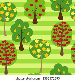 Abstract little fruit trees repeating vector pattern on a striped green background