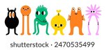 Abstract little Monsters or fantastic animals. Various quirky funny creatures. Cartoon childish style. Cute characters. Colorful hand drawn Vector illustration. Isolated design elements