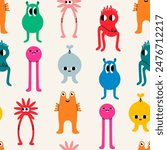 Abstract little Monsters or fantastic animals. Various quirky funny creatures. Cartoon childish style. Cute characters. Colorful hand drawn Vector illustration. Square seamless Pattern, background