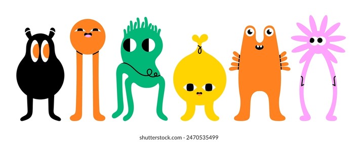 Abstract little Monsters or fantastic animals. Various quirky funny creatures. Cartoon childish style. Cute characters. Colorful hand drawn Vector illustration. Isolated design elements