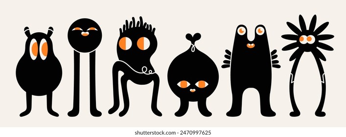 Abstract little Monsters or fantastic animals. Various quirky funny creatures. Cartoon childish style. Cute black characters. Hand drawn Vector illustration. Isolated design elements