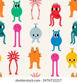 Abstract little Monsters or fantastic animals. Various quirky funny creatures. Cartoon childish style. Cute characters. Colorful hand drawn Vector illustration. Square seamless Pattern, background