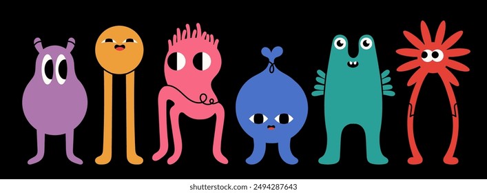 Abstract little Monsters or fantastic animals. Various quirky funny creatures. Cartoon childish style. Cute characters. Colorful hand drawn Vector illustration. Isolated design elements