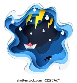 Abstract Of Little Paper Boat Against Crazy Sea And Thunderbolt In Storm, Paper Art Storm Concept, Vector Art And Illustration.