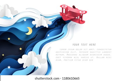 Abstract of little paper plane flying through cloud at night, paper art concept and tourism idea, vector art and illustration.