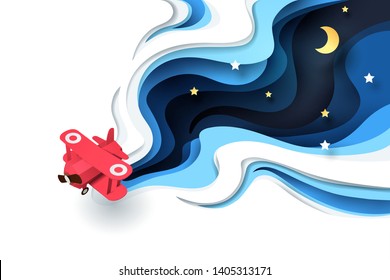 Abstract of little paper plane flying through cloud at night, paper art concept and tourism idea, vector art and illustration.