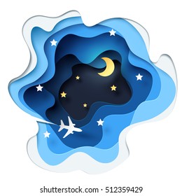 Abstract of little paper plane flying through cloud to sky at night, paper art concept and tourism idea, vector art and illustration.