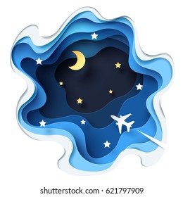 Abstract of little plane flying through cloud to sky at night, paper art and origami concept and tourism idea, vector art and illustration.