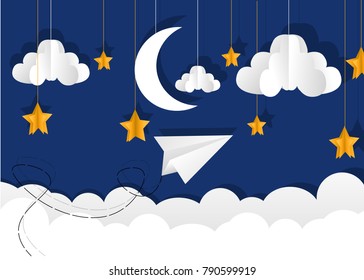 Abstract of little plane flying through cloud to sky at night, paper art and origami concept and tourism idea, vector art and illustration.