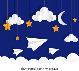 Abstract of little plane flying through cloud to sky at night, paper art and origami concept and tourism idea, vector art and illustration.