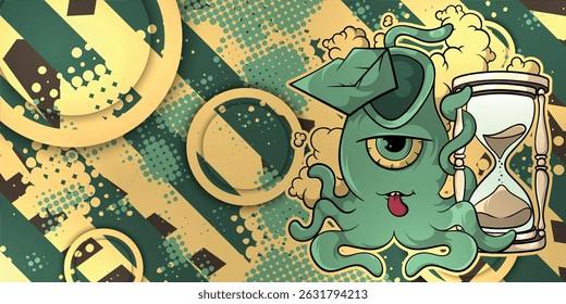 Abstract livery background with vintage color and vector carnivorous plant monster object, eps 10, editable.
