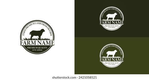Abstract livestock big sheep farm badge minimal premium green logo vector illustration presented with multiple background colors. The logo is suitable for the Livestock Business logo design template