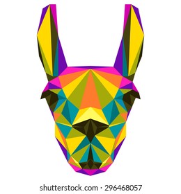 Abstract llama. Bright motley colored polygonal triangle geometric illustration isolated on white background for use in design for card, invitation, poster, banner, placard or billboard cover.