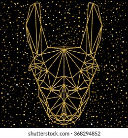 Abstract llama. Golden sparkle glitter texture. Portrait drawn in one continuous line for use in design for card, invitation, poster, banner, placard, billboard cover